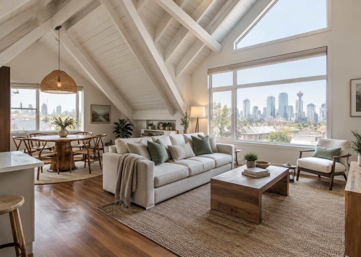 Illustrative vaulted loft living and dining area with city views