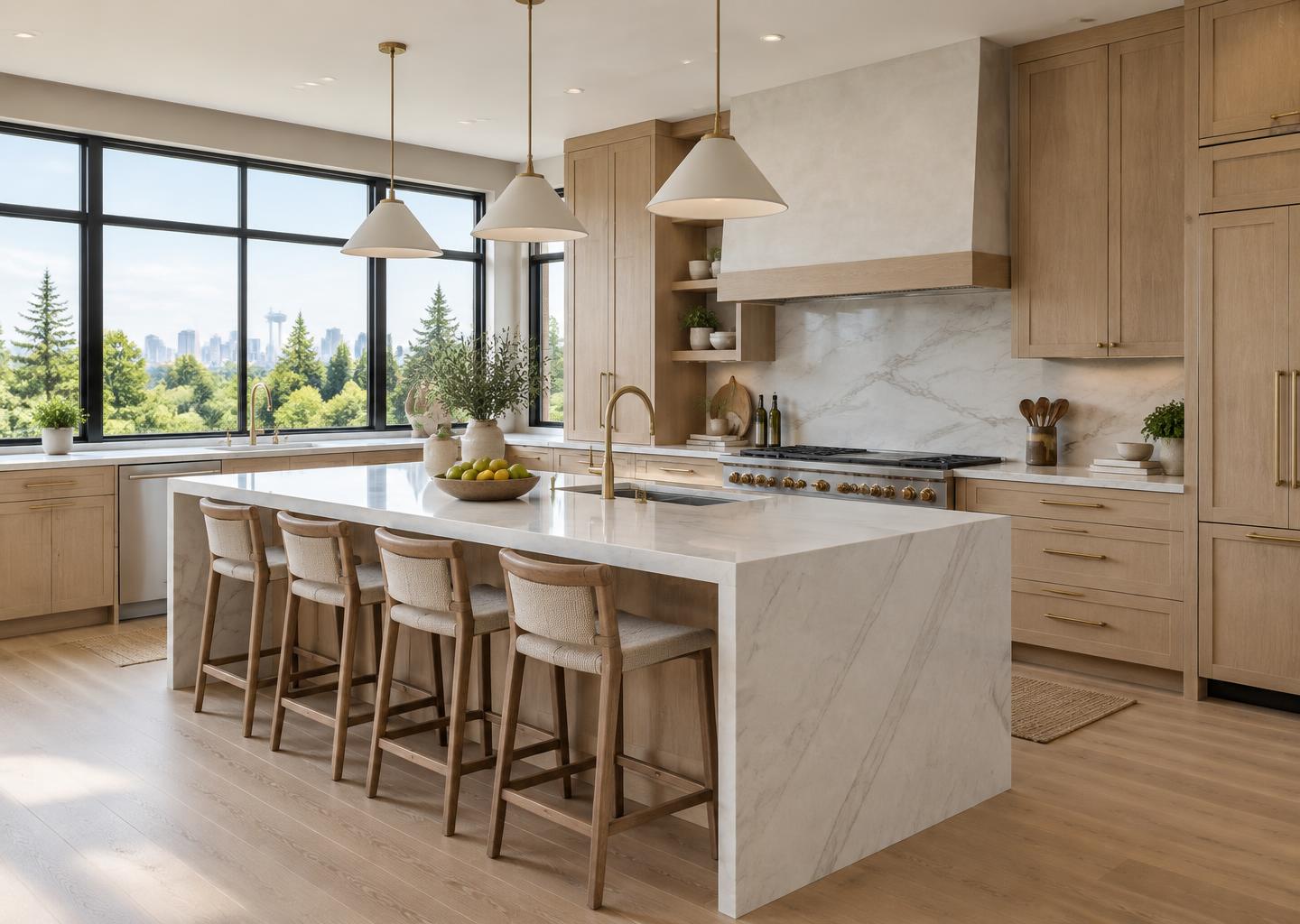 Illustrative oak and marble kitchen with an island and bar stools