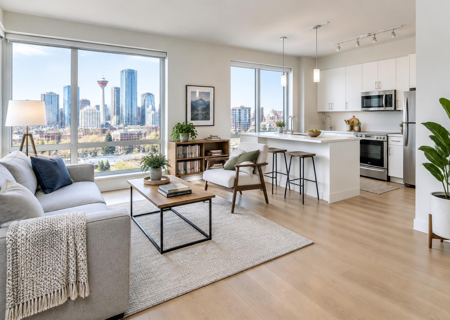 Illustrative rental suite living room and kitchen